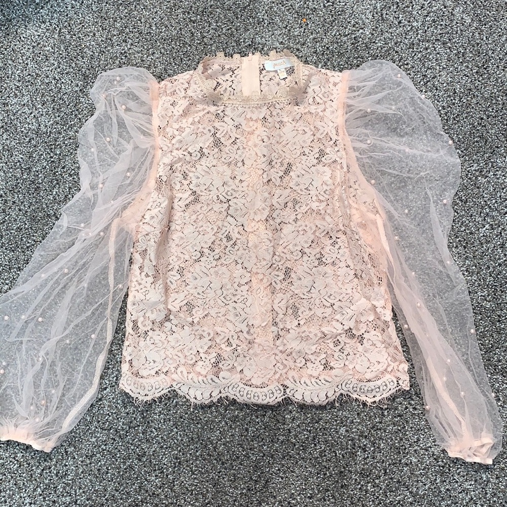 Pink Lace Bubble Pearl Mesh Sleeve Blouse (Snug Large)